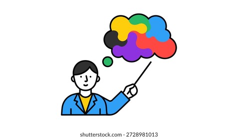 Presenter with colorful jigsaw idea cloud