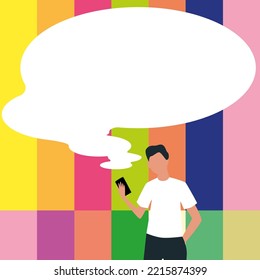 Presenter With Conversation Bubble Showing New Announcement. Colleague Speech Balloon Presenting Fresh And Important News Messages.