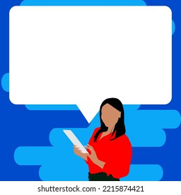 Presenter With Conversation Bubble Showing New Announcement. Colleague Speech Balloon Presenting Fresh And Important News Messages.