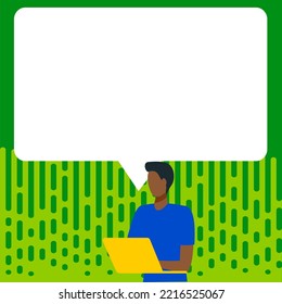 Presenter With Conversation Bubble Showing New Announcement. Colleague Speech Balloon Presenting Fresh And Important News Messages.