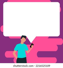 Presenter With Conversation Bubble Showing New Announcement. Colleague Speech Balloon Presenting Fresh And Important News Messages.