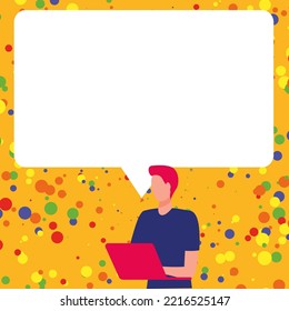 Presenter With Conversation Bubble Showing New Announcement. Colleague Speech Balloon Presenting Fresh And Important News Messages.