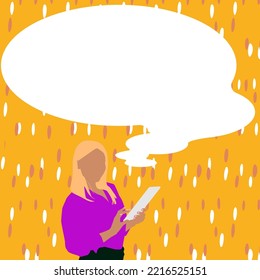 Presenter With Conversation Bubble Showing New Announcement. Colleague Speech Balloon Presenting Fresh And Important News Messages.