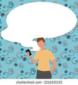 Presenter With Conversation Bubble Showing New Announcement. Colleague Speech Balloon Presenting Fresh And Important News Messages.