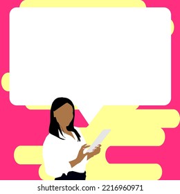 Presenter With Conversation Bubble Showing New Announcement. Colleague Speech Balloon Presenting Fresh And Important News Messages.