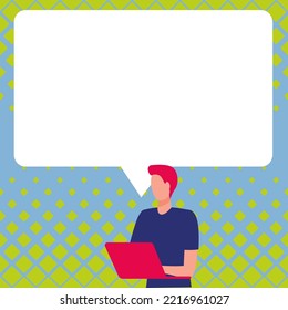 Presenter With Conversation Bubble Showing New Announcement. Colleague Speech Balloon Presenting Fresh And Important News Messages.