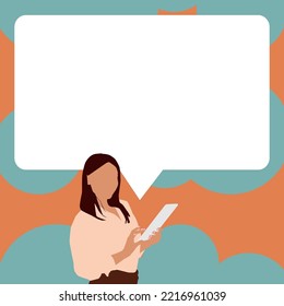 Presenter With Conversation Bubble Showing New Announcement. Colleague Speech Balloon Presenting Fresh And Important News Messages.