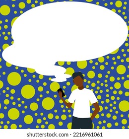 Presenter With Conversation Bubble Showing New Announcement. Colleague Speech Balloon Presenting Fresh And Important News Messages.