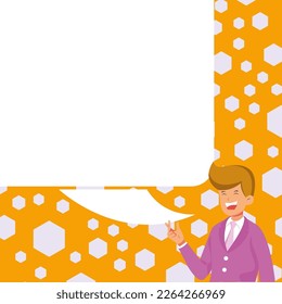 Presenter With Conversation Bubble Showing New Announcement. Colleague Speech Balloon Presenting Fresh And Important News Messages.