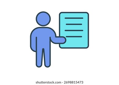 Apresentador com Ícone de Apresentação de Documento. Ícone relacionado à Apresentação. Estilo do ícone de linha plana. Design simples de vetor editável