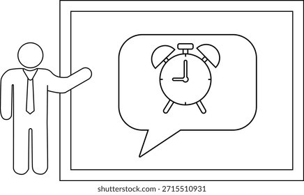A presenter gestures to a board with a clock in a speech bubble
