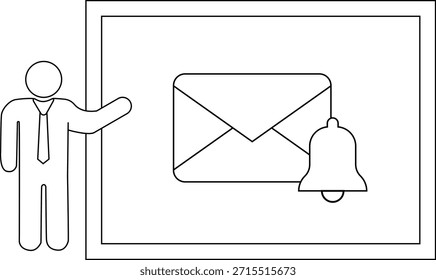 Presenter gestures to a display of an envelope icon with a bell notification symbol