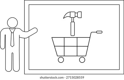 El presentador hace gestos hacia una Imagen enmarcada de un Carrito de compras con un martillo