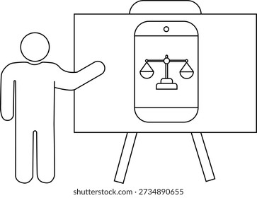 A presenter gestures towards a screen displaying a mobile device with a scalesofjustice icon
