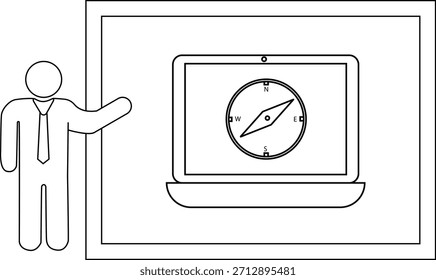 A presenter gesturing towards a laptop displaying a compass within a framed presentation