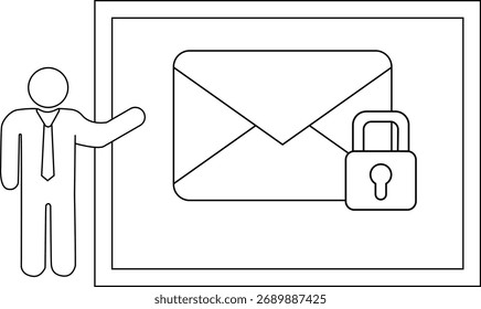 Un presentador resalta un correo electrónico seguro simbolizado por un sobre y un candado dentro de una pantalla enmarcada