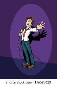Presenter holding a microphone and pointing at something, vector illustration