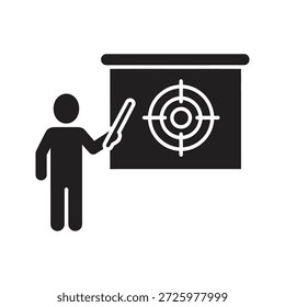 Icono del presentador con el tablero de destino, un símbolo para la presentación de negocios y el seminario de estrategia de marketing para el taller de capacitación y la sesión de entrenamiento