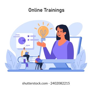 Presenter igniting the light of knowledge. Online training platform providing interactive sessions, enlightening learners with insights and fostering growth. Digital education frontier. Flat vector.