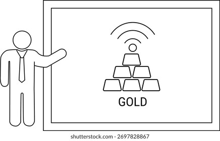 Um apresentador indica uma tela exibindo GOLD com ícone de sinal acima das barras douradas