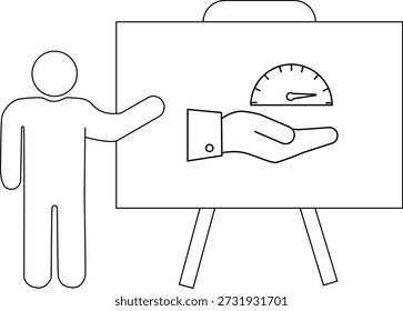 A presenter indicates a whiteboard displaying a hand beneath a speedometer