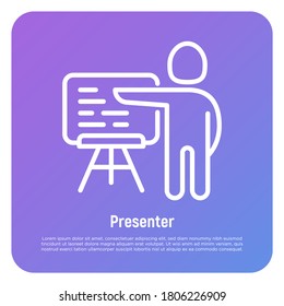 Presenter, lecturer, teacher, trainer thin line icon. Man demonstrates information on board. Vector illustration.