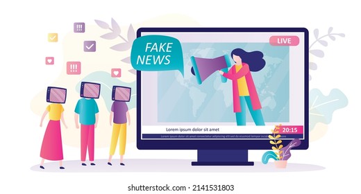 Presenter with loudspeaker broadcasts fake news on TV channel. Hypnotized people watch television. Propaganda and misinformation in media. Journalists spread false information. Vector illustration