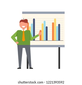 Presenter man happy to present new concept on board vector. Whiteboard with statistics and visualized data. Workshop, seminar lead by businessman