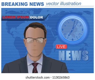 Presenter in the modern news studio. Breaking news concept design. Vector illustration