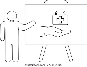 A presenter points to a board showing a hand holding a medical kit