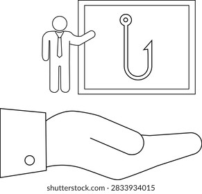 A presenter points to a board showing a hook, while a hand reaches up, symbolizing phishing and online scams.