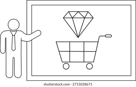 Um apresentador aponta para um diamante acima de um carrinho de compras em uma tela de apresentação