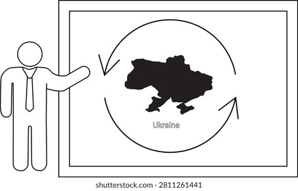 A presenter points to a map of Ukraine within a circular diagram, symbolizing its central role in global dynamics.