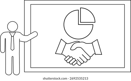 A presenter points to a whiteboard with a pie chart above a handshake graphic