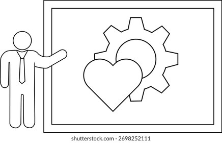 Un presentador señala una pizarra blanca que muestra un diseño de círculo de engranajes de corazón