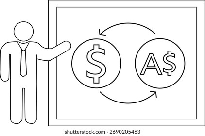 O apresentador aponta para um quadro branco com as taxas de câmbio em dólar americano e australiano representadas com setas