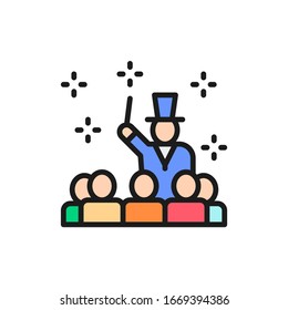 Presenter and public, wizard, circus show flat color line icon.