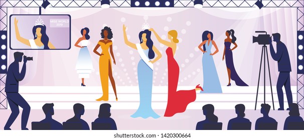 Presenter Put Beautiful Sparkling Crown on Head of Girl Winner in Beauty Miss World Show on Stage with Participants and Camera Men. Broadcasting Tv Program, Audience. Cartoon Flat Vector Illustration.