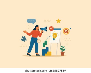 A presenter shares a new idea using a megaphone and flip chart with a lightbulb symbol. Strategic planning to reach business goals. Ideal for startup, marketing, and team collaboration content.