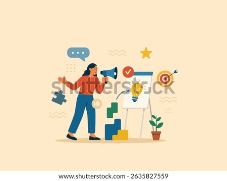 A presenter shares a new idea using a megaphone and flip chart with a lightbulb symbol. Strategic planning to reach business goals. Ideal for startup, marketing, and team collaboration content.