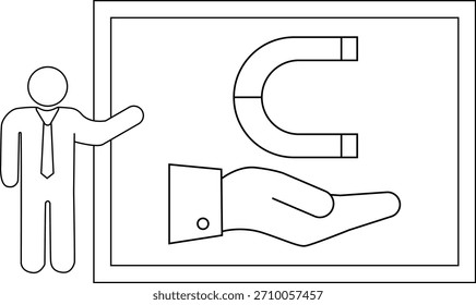 A presenter showcases a hand beneath a magnet on a framed display