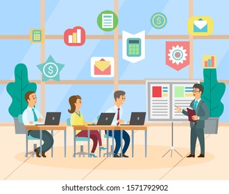 Presenter showing board, listeners sitting at table with laptop. Teamwork strategy and success, workers communication with computer, cooperation vector