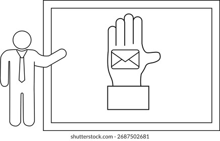 Moderator zeigt Handsymbol mit E-Mail in einem Rahmen