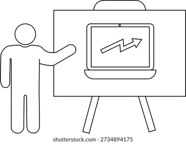 Presenter showing a laptop with an upwardtrending graph on a whiteboard