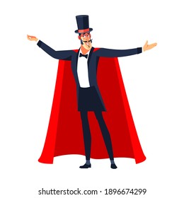 Presenter. Showman male entertainer, magician or actor on stage. The illusionist in the red cloak and the cylinder spreading hands. Cartoon character vector illustration isolated on white background.