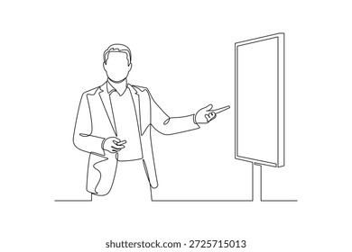 Apresentador Ao Lado Do Quadro De Apresentação. Conceito de Prensagem. Design de desenho de linha única. Ilustração gráfica vetorial