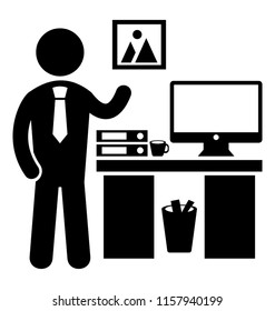 
A presenter standing in a office with the office desk and presenting to audience 
