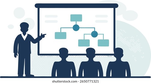 A presenter stands beside a screen displaying an organizational chart, pointing to it while an audience of silhouetted figures listens attentively.