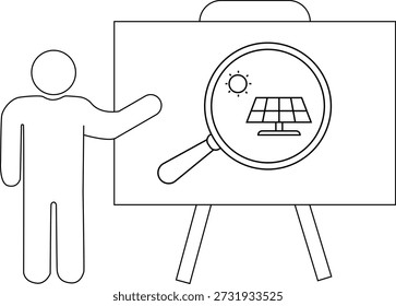 Un presentador junto a un diagrama de panel solar bajo una lupa en un caballete