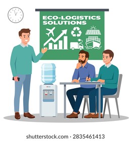 A presenter stands by a green board displaying eco-logistics solutions charts and green transport icons. Two colleagues sit at a table taking notes during the office briefing. A water dispenser stands nearby in the modern corporate meeting room.